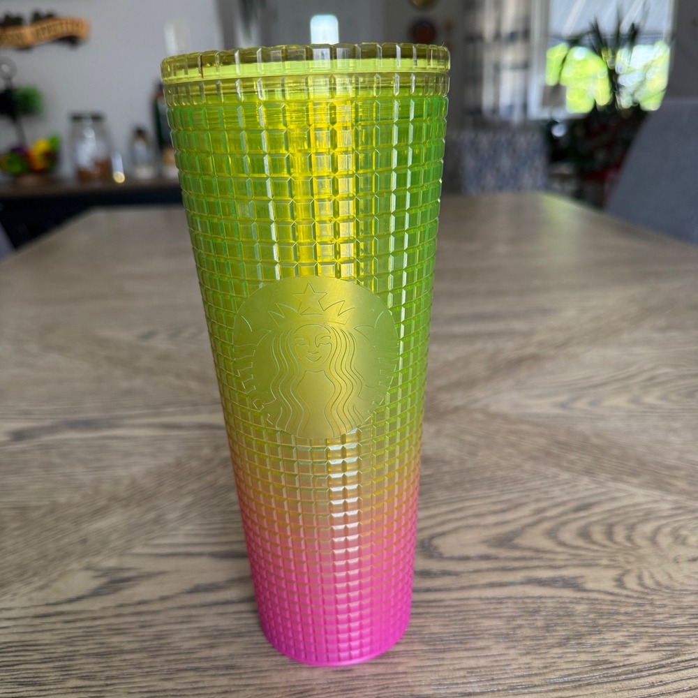 Starbucks 24oz Tumbler lemon yellow pink gradient ombre grid Venti cold cup 2022